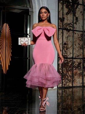 NWOT Off Strapless Pink Bow Mermaid Tulle Hem Dress Size Large